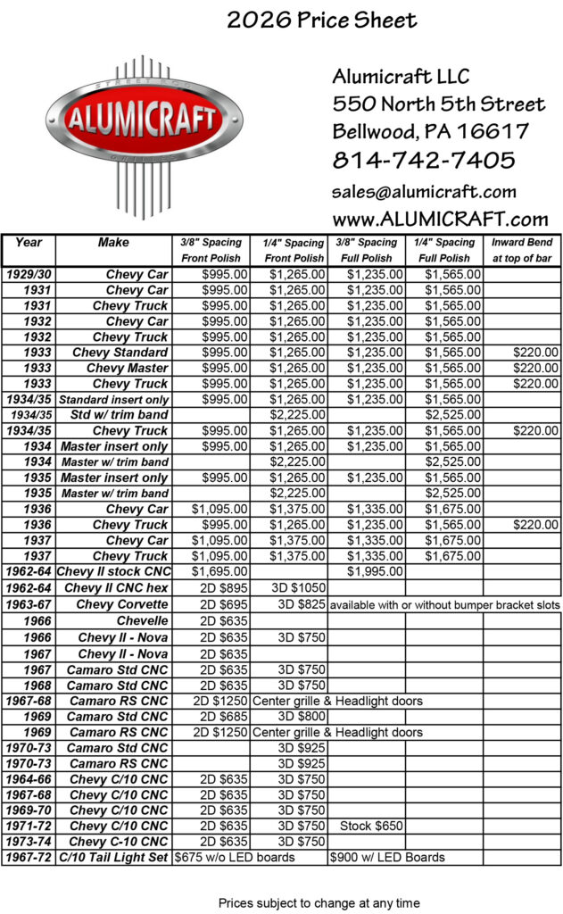 alumicraft 2026 price sheet 1